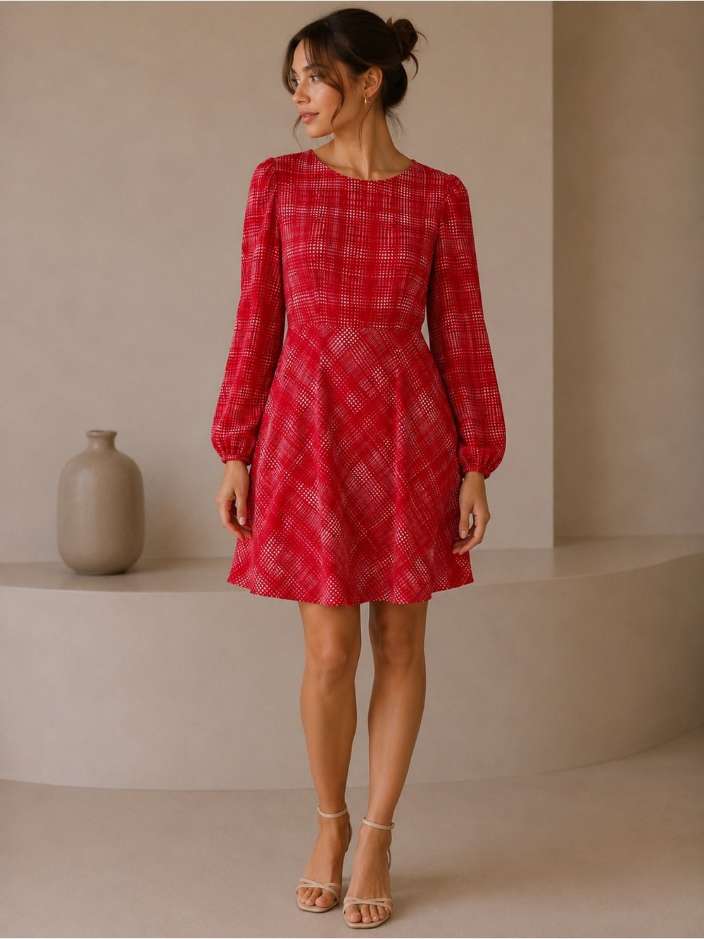 Express Red Plaid Long-Sleeve Fit & Flare A-Li e Dress Size Small NWT